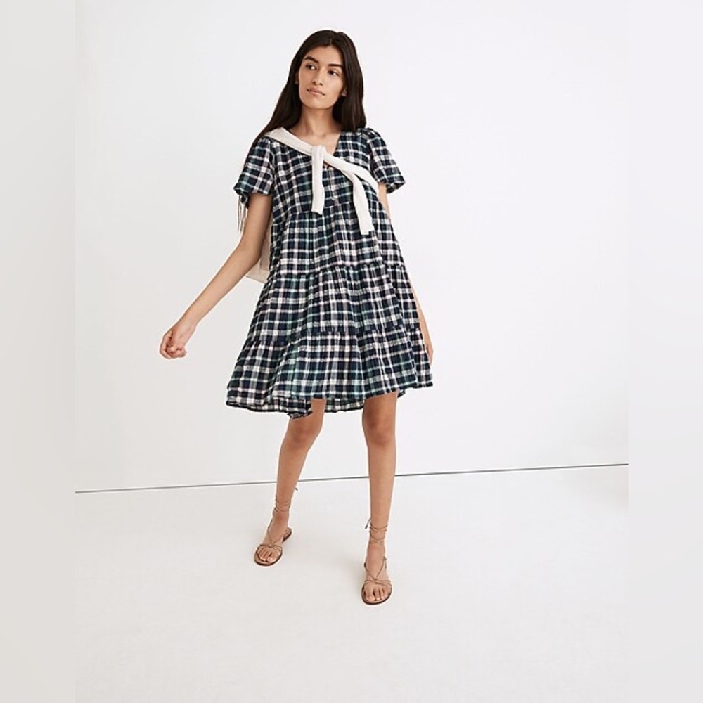 MADEWELL plaid button front tiered babydoll dress